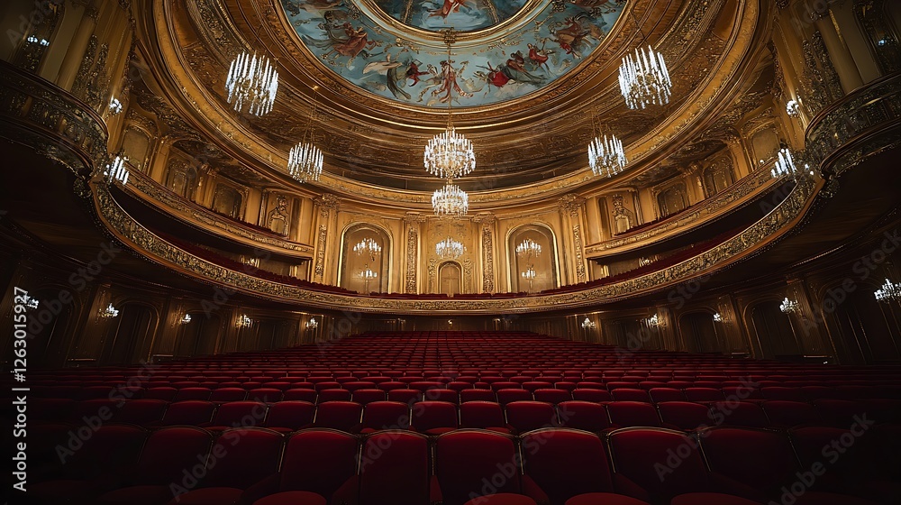 Obraz premium Opera House Interior, Empty Seats, Gold Detail, Ceiling Fresco
