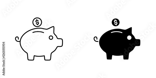 Piggy bank vectors icons set in filled and strokes on white background