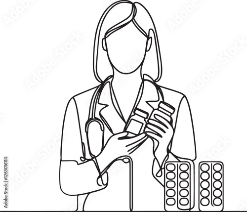 Female Pharmacist with Medicines – Simple Line Drawing Vector Art
