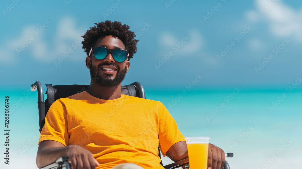 Naklejka premium Relaxing man in sunglasses enjoying drink on sunny beach