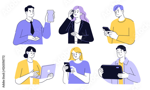 People with devices set. Female and male characters use smartphone, laptop, tablet and making phone call, surfing the internet, browsing in social media. Business doodle concept. Vector illustration.