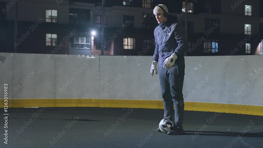 Man in headphones wearing joggers skillfully traps incoming ball on outdoor court at night with urban residential buildings and bright lights in the background Man in headphones wearing joggers skillfully traps incoming ball on outdoor court at night with urban residential buildings and bright lights in the background
