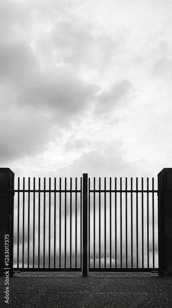Black and White Gate with Cloudy Sky Background Urban Landscape Black and White Gate with Cloudy Sky Background Urban Landscape