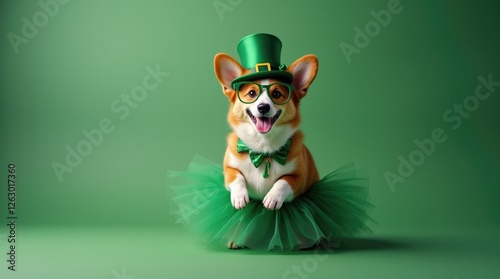 Studio shot of a funny corgi in saint patrick's day costume with green hat, green glasses and green tutu skirt .at green background