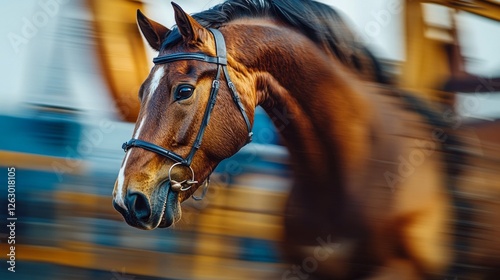 A close view captures the horse head and counterweight of an oil pumpjack in motion, creating a dynamic sense of energy and industrial progress. The backdrop features blurred structures.