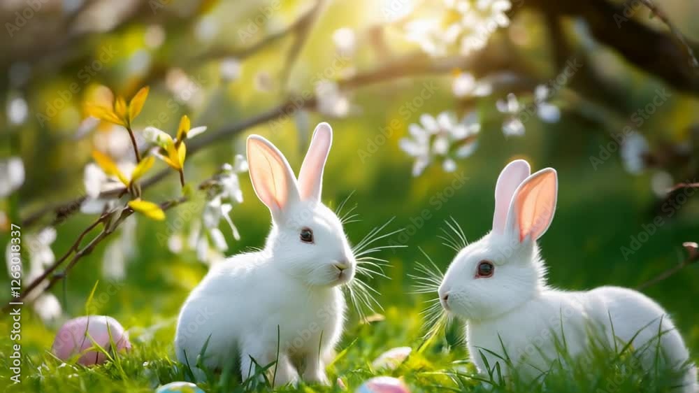 Curious white rabbits playing among colorful easter eggs in spring garden. Easter bunnies