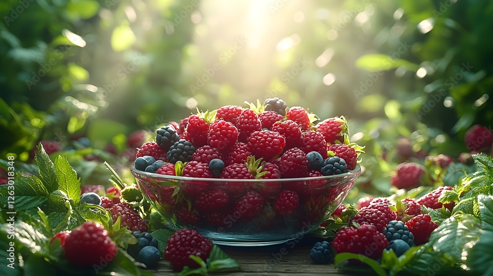 Vibrant Bowl of Fresh Organic Fruits Glowing Under Soft Light on Rustic Wooden Table Surrounded by Radiant Greenery Vibrant Bowl of Fresh Organic Fruits Glowing Under Soft Light on Rustic Wooden Table Surrounded by Radiant Greenery