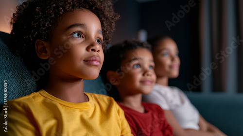 Engaged children watching movie together in cozy setting