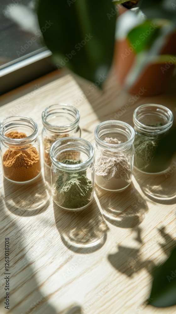 Colorful Spices and Herbs in Glass Jars on Wooden Surface Colorful Spices and Herbs in Glass Jars on Wooden Surface
