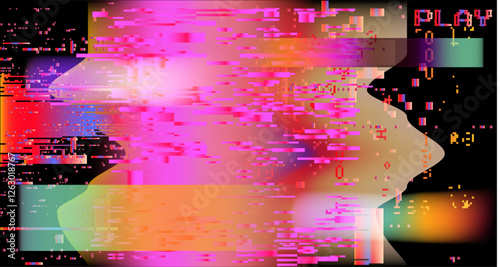 Abstract bright retrofuturistic vector background with glitch art artifacts in holographic neon colors.