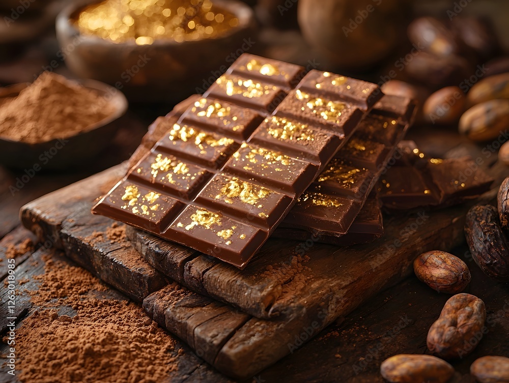 Artisan Chocolate Bars and Vibrant Cocoa Beans on Rustic Wooden Table Natural Product Concept with Copy Space Artisan Chocolate Bars and Vibrant Cocoa Beans on Rustic Wooden Table Natural Product Concept with Copy Space