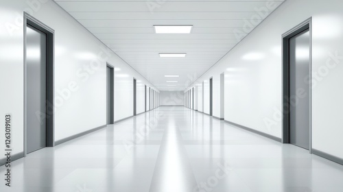 Long, empty hallway with doors; bright lighting, use for healthcare or office space