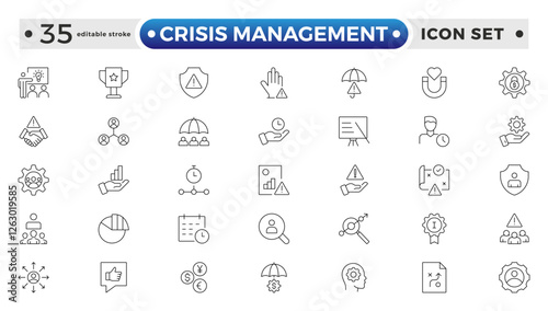 Crisis Management web icons in line style. Logistics, business process, maintenance, supply chain, improvement, planning, Audit, processing, operation collection. Editable stroke outline icon.
