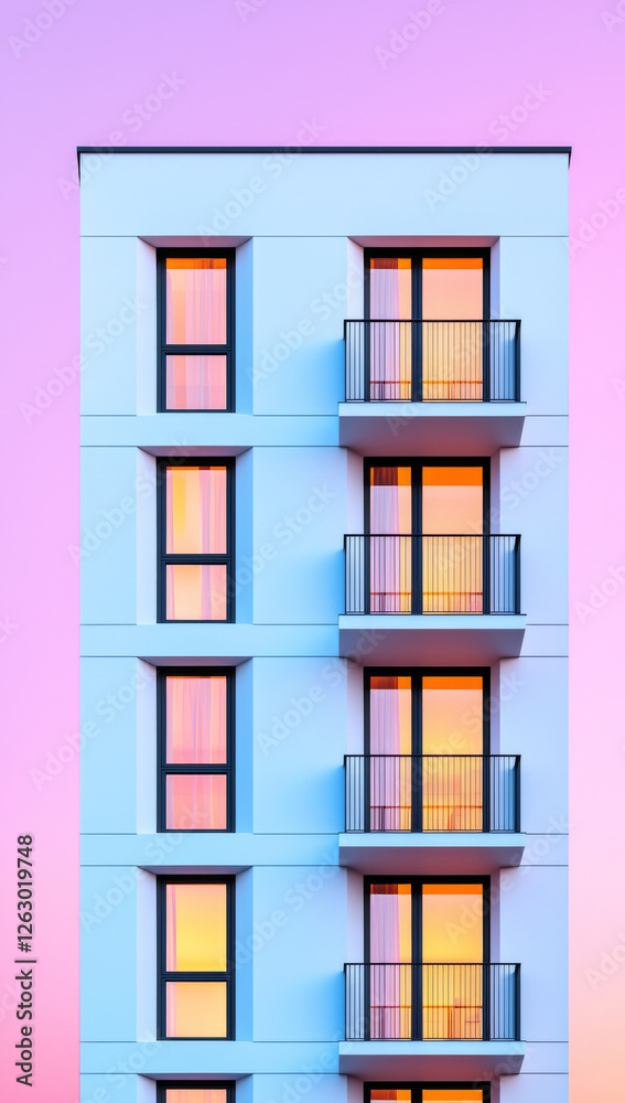 Fototapeta premium Modern building with balconies and colorful sunset sky