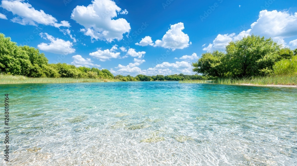 Fototapeta premium Crystal-clear lake, sunny day, lush greenery, tranquil scene, summer vacation