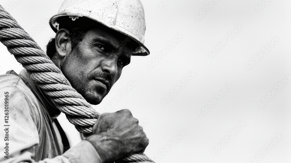 Obraz premium Highrise construction worker safety. A focused construction worker in a hard hat grips a rope, highlighting determination and strength in a monochrome setting.