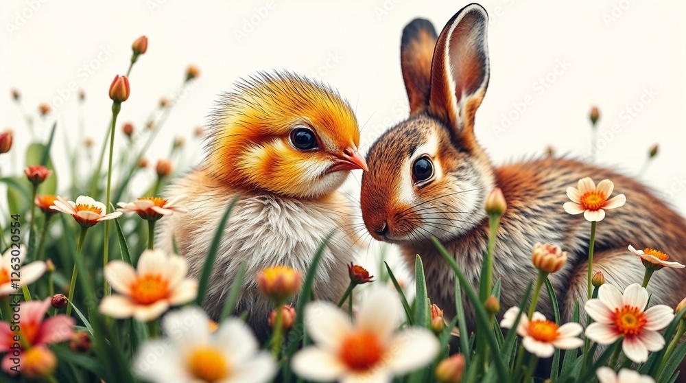 Obraz premium Chick and rabbit in a flower field.