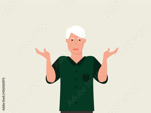 Confused senior man shrugging shoulders and spreading his hands. Concept for confusion, problems,  blaming someone and playing the innocent. vector and illustration.