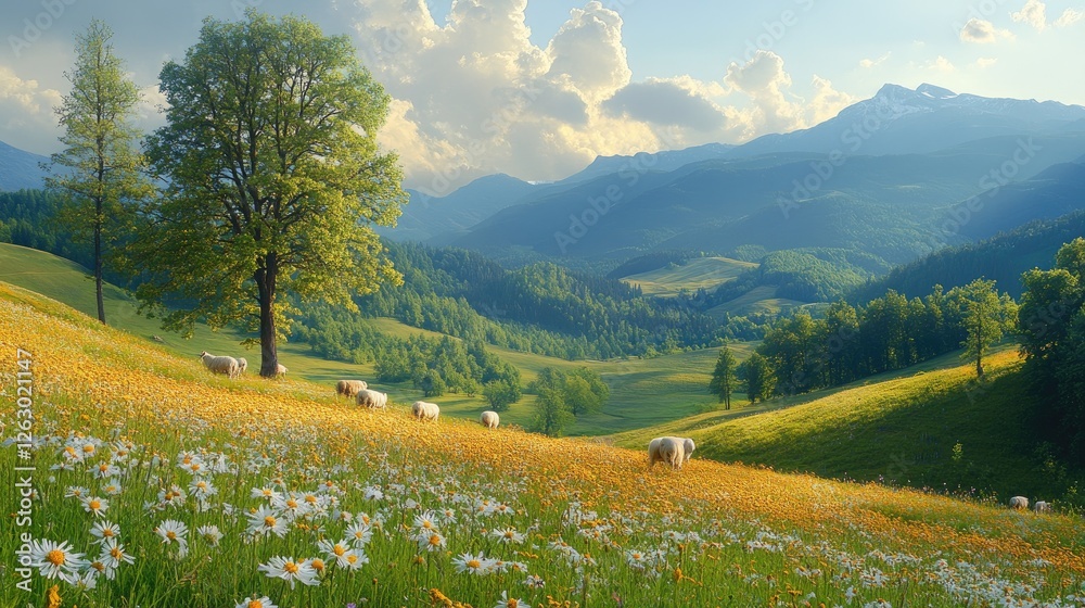 Obraz premium Sheep graze in a mountain meadow of wildflowers