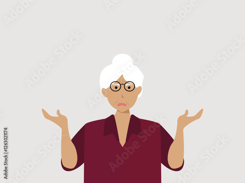 Confused senior woman shrugging shoulders and spreading his hands. Concept for confusion, problems,  blaming someone and playing the innocent. vector and illustration.