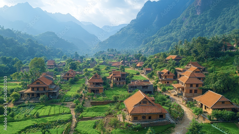 Fototapeta premium Mountain Village Houses Nestled Amongst Lush Green Valley