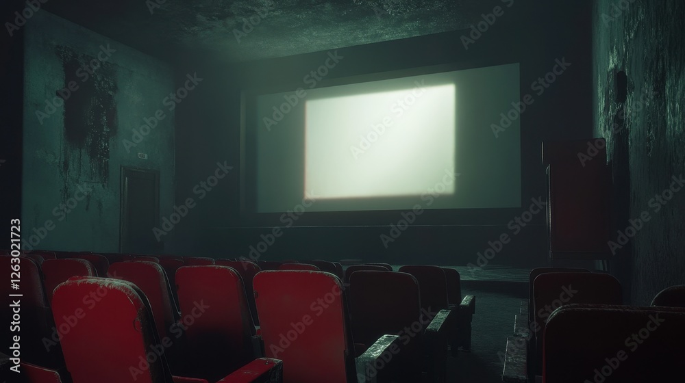 Obraz premium Dark and Grungy Abandoned Movie Theater with Red Seats and Glowing Screen, Decay and Neglect
