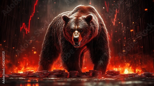 A bear standing on a pile of coins against a collapsing red market background, symbolizing a bear market.