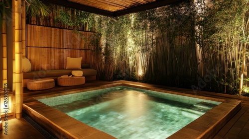 Wallpaper Mural A luxurious compact plunge pool framed by bamboo, illuminated by warm lighting, with cozy seating. Torontodigital.ca