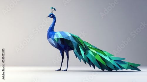 Low Poly Peacock Art with Vibrant Geometric Design in Minimalist Setting