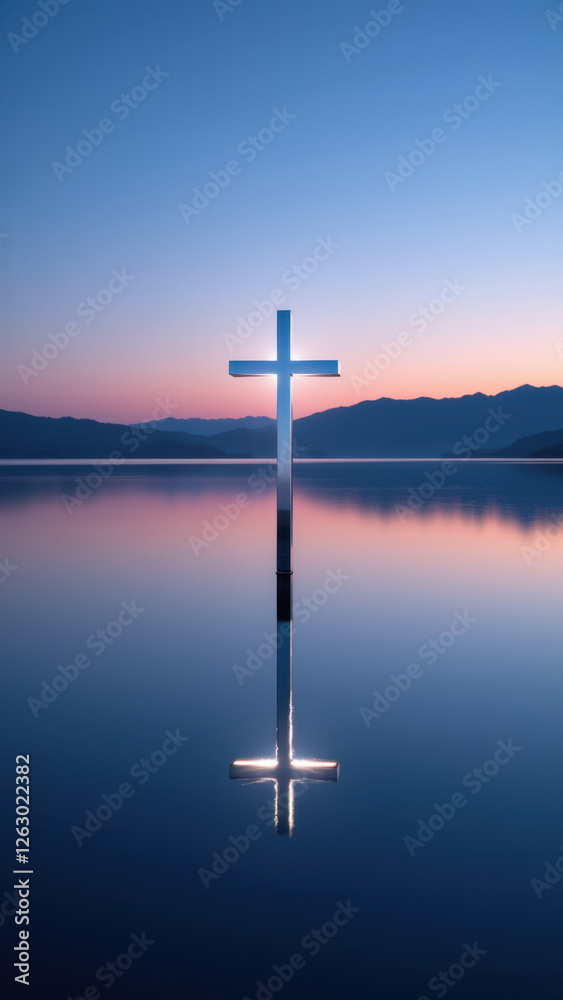 Cross on water at sunset with panoramic effect. Cross on water at sunset with panoramic effect.