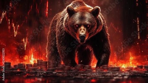 A bear standing on a pile of coins against a collapsing red market background, symbolizing a bear market.
