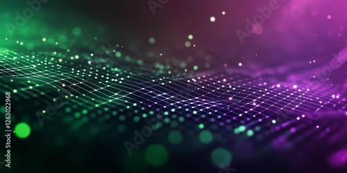 Abstract background featuring a digital grid illuminated with vibrant purple and green hues reflecting a cyberpunk aesthetic, designed for modern visual projects and creative works