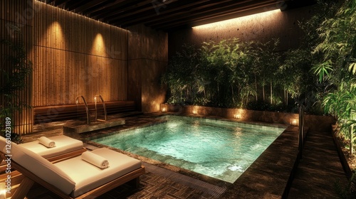 Wallpaper Mural A private plunge pool with bamboo walls, soft lighting, and cushioned lounge chairs under a serene night sky Torontodigital.ca
