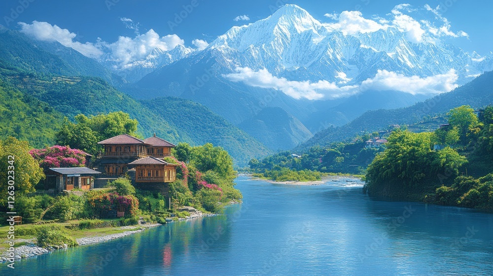 Fototapeta premium Mountain River House Scenic Landscape View