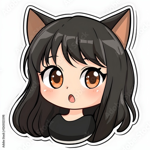 A cute anime-style girl with dark hair and cat ears expresses surprise. Her big brown eyes and flushed cheeks amplify her expressive, childlike features.