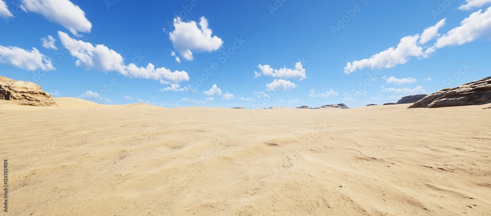 Desert landscape, sandy ground with rocks, clear blue sky & white clouds Desert landscape, sandy ground with rocks, clear blue sky & white clouds