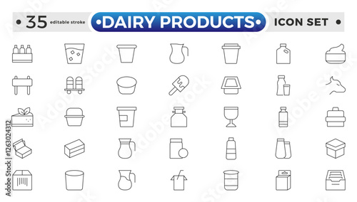 Milk and dairy products outline icon. Natural cow's milk and fermented milk products, cheese, cream, sour cream, and cottage cheese. Web line icon.  Editable stroke outline icon.
