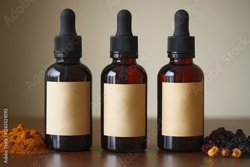 Three amber glass dropper bottles ready for labeling on a wooden table with spices photo