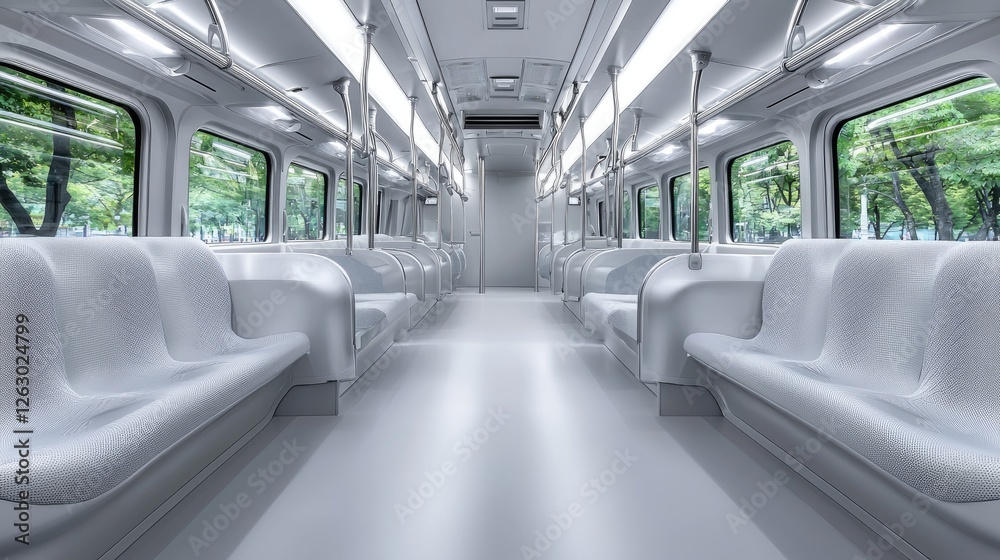 Fototapeta premium Empty modern train car, city view, transit, travel