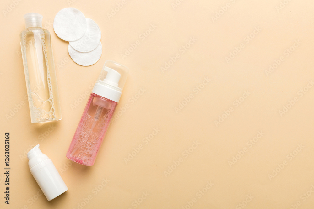 Micellar cleansing water and discs to remove cosmetics and cleanse the skin on colored background. Copy space top view