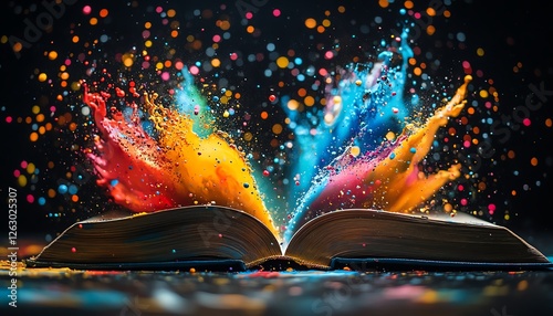 Wallpaper Mural Closeup of an open book with colorful paint splashes scattering outward, glowing effect, black background, highenergy artistic composition, 8K UHD Torontodigital.ca