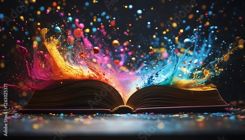 Wallpaper Mural Closeup of an open book with colorful paint splashes scattering outward, glowing effect, black background, highenergy artistic composition, 8K UHD Torontodigital.ca