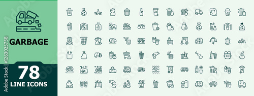 Garbage icon set. Contains such icons as medical, reuse, eco, waste, dustbin and more. Minimalist icons for website. Vector illustration in modern line style.