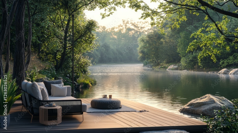 Fototapeta premium Serene Lakeside Retreat with Cozy Seating and Lush Green Surroundings