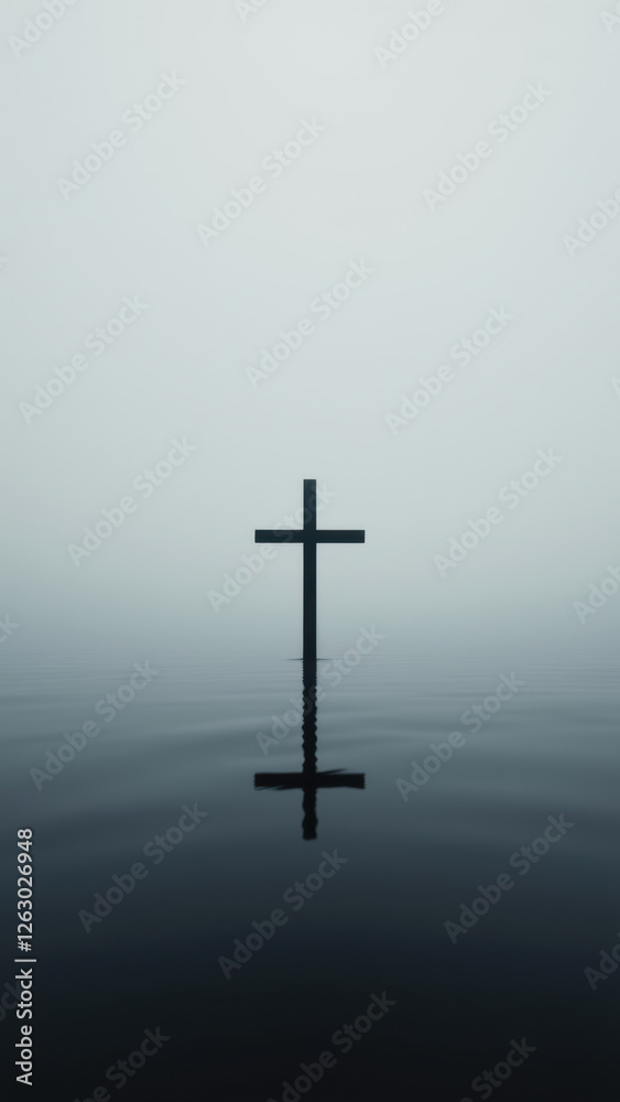 Cross standing on water with blurred background. Cross standing on water with blurred background.