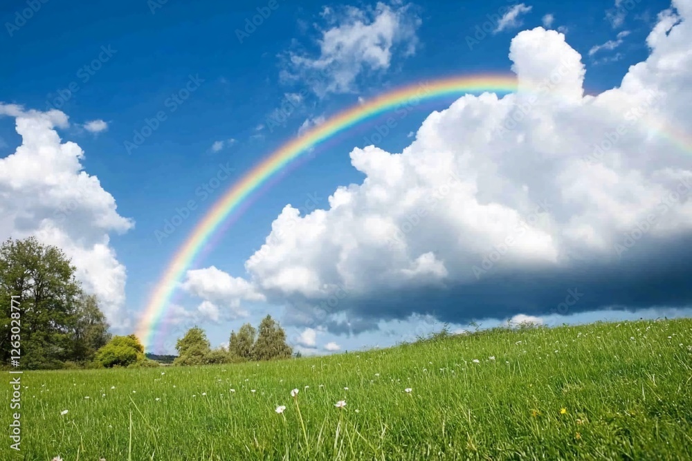 Rainbow arcs over field on a sunny day with trees and clouds on the horizon Rainbow arcs over field on a sunny day with trees and clouds on the horizon