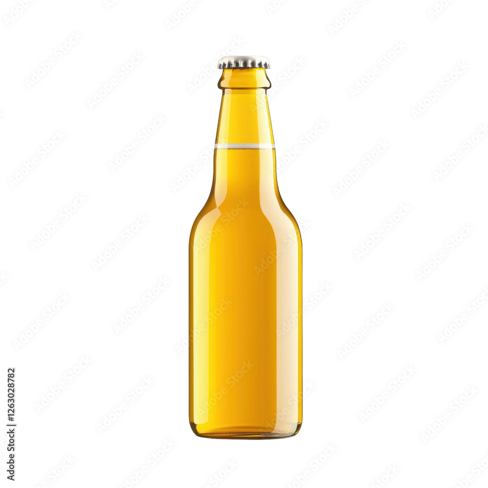 Refreshing bottle of golden beer with a metal cap against a white background for beverage and relaxation concepts Refreshing bottle of golden beer with a metal cap against a white background for beverage and relaxation concepts