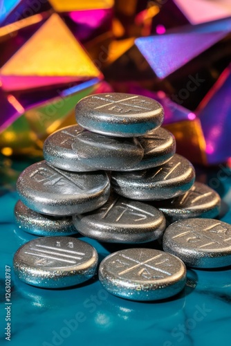 Stacked shiny silver chocolate coins with colorful geometric background, Hanukkah celebration, festive sweets, symbolic gelt