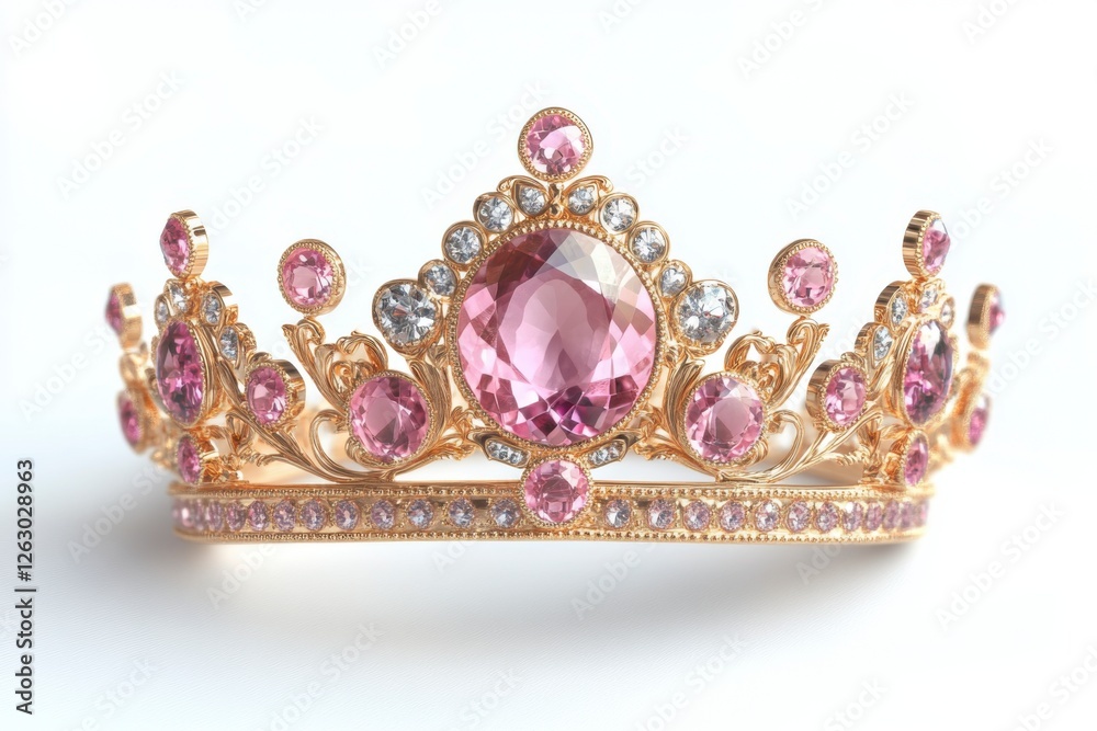 Elegant golden crown decorated with pink gems on a white background. Elegant golden crown decorated with pink gems on a white background.
