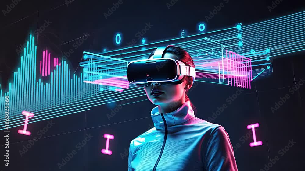 Woman wearing a VR headset analyzing futuristic digital financial data with holographic stock market graphs and charts

